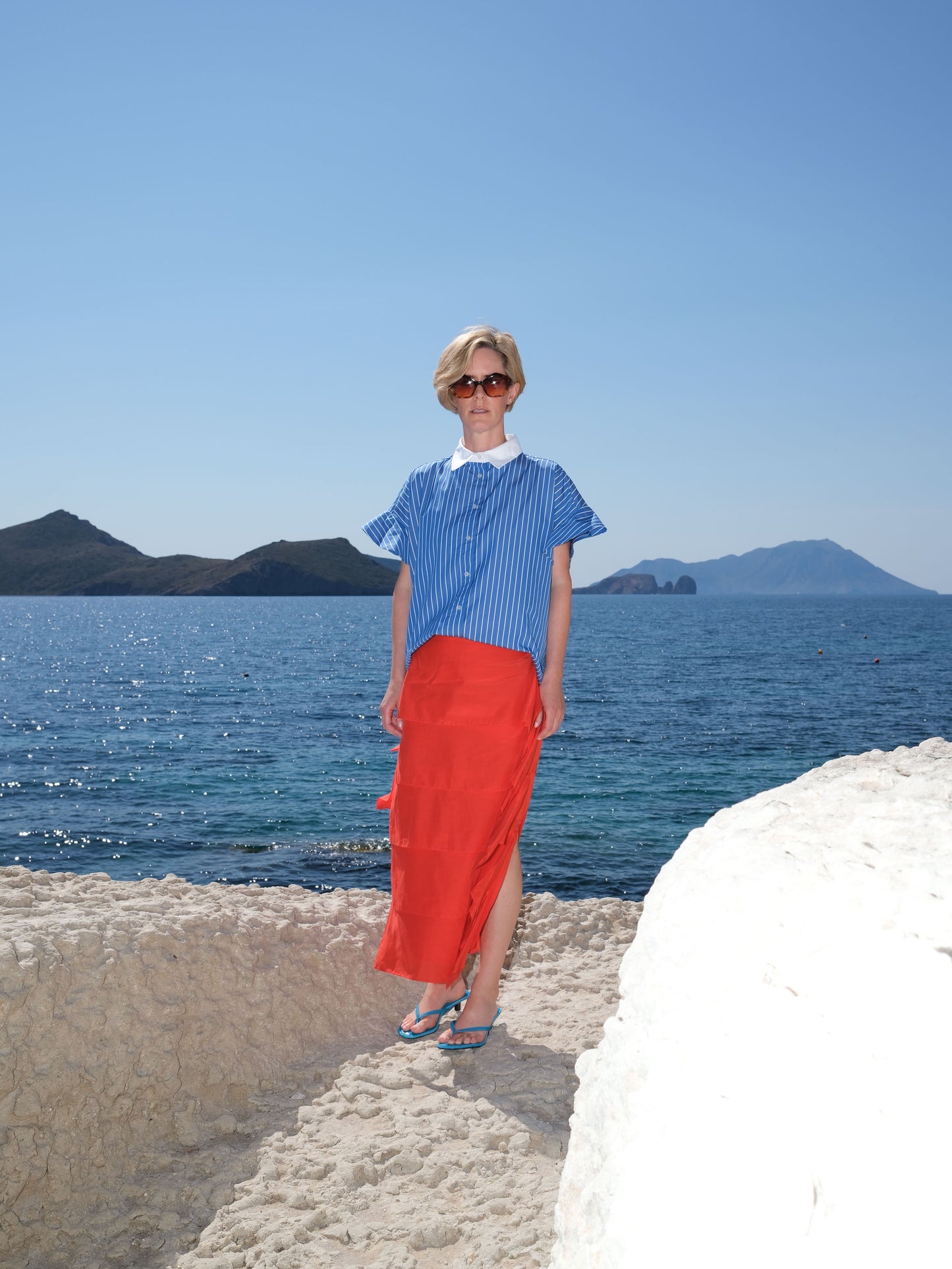 Hemdbluse mit Volant-Ärmel - gestreift - deep blue sky