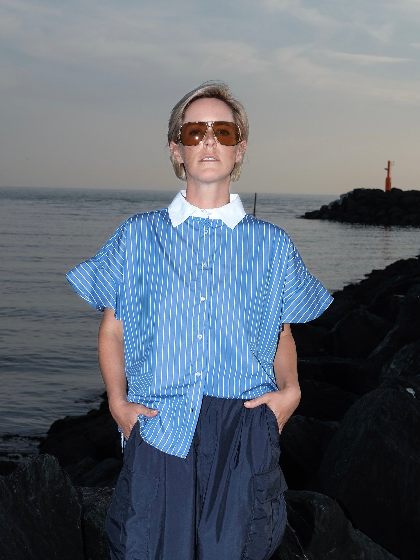 Hemdbluse mit Volant-Ärmel - gestreift - deep blue sky